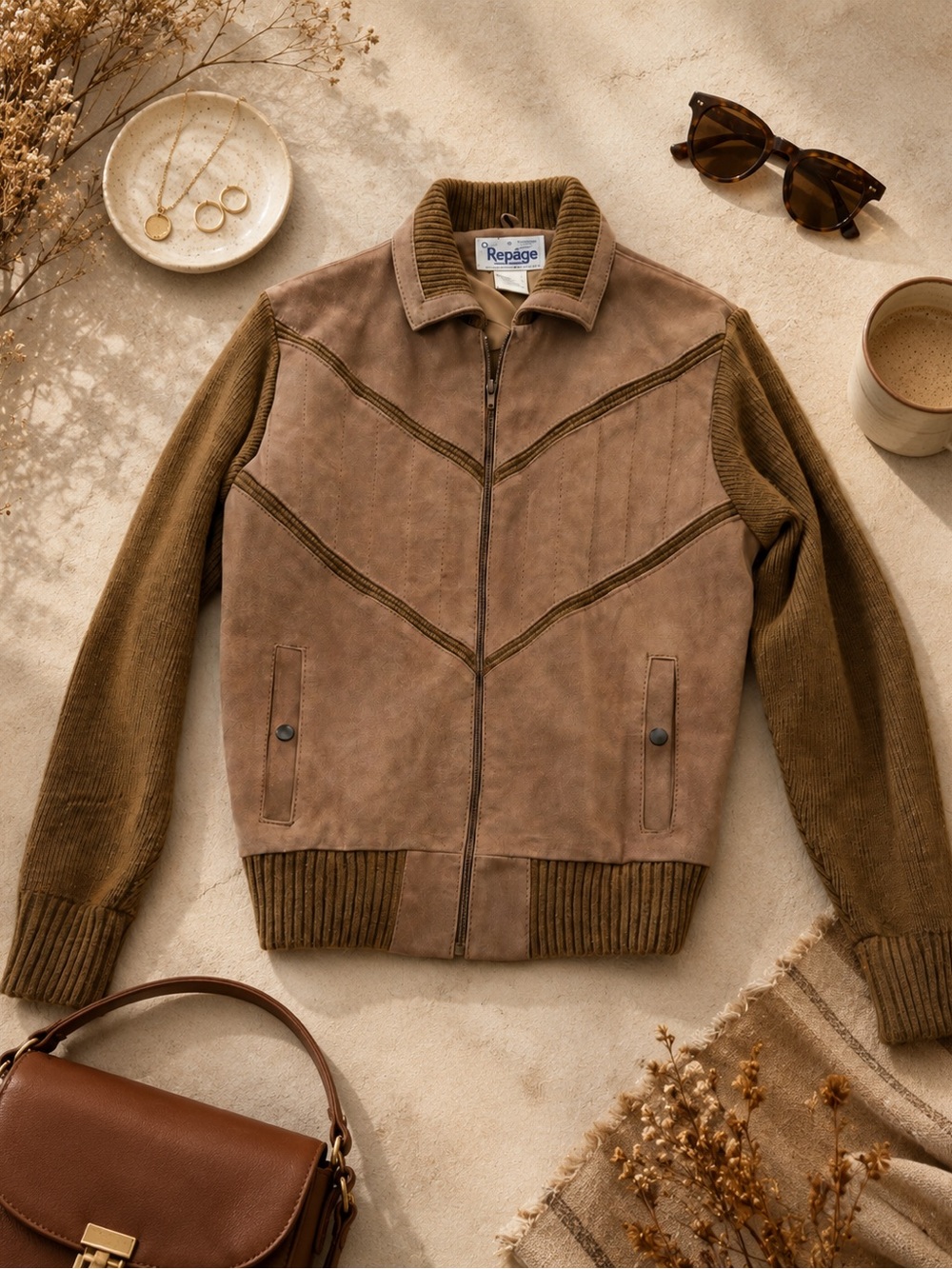 Repage Vintage Brown Suede Look Knit Sleeve Bomber Jacket